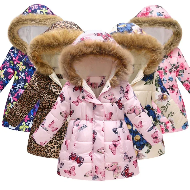 Manteau filles doudounes enfant imprimé plus velours épais vêtements d'extérieur enfants vêtements automne hiver garçon chaud col de fourrure manteaux à capuche 231205