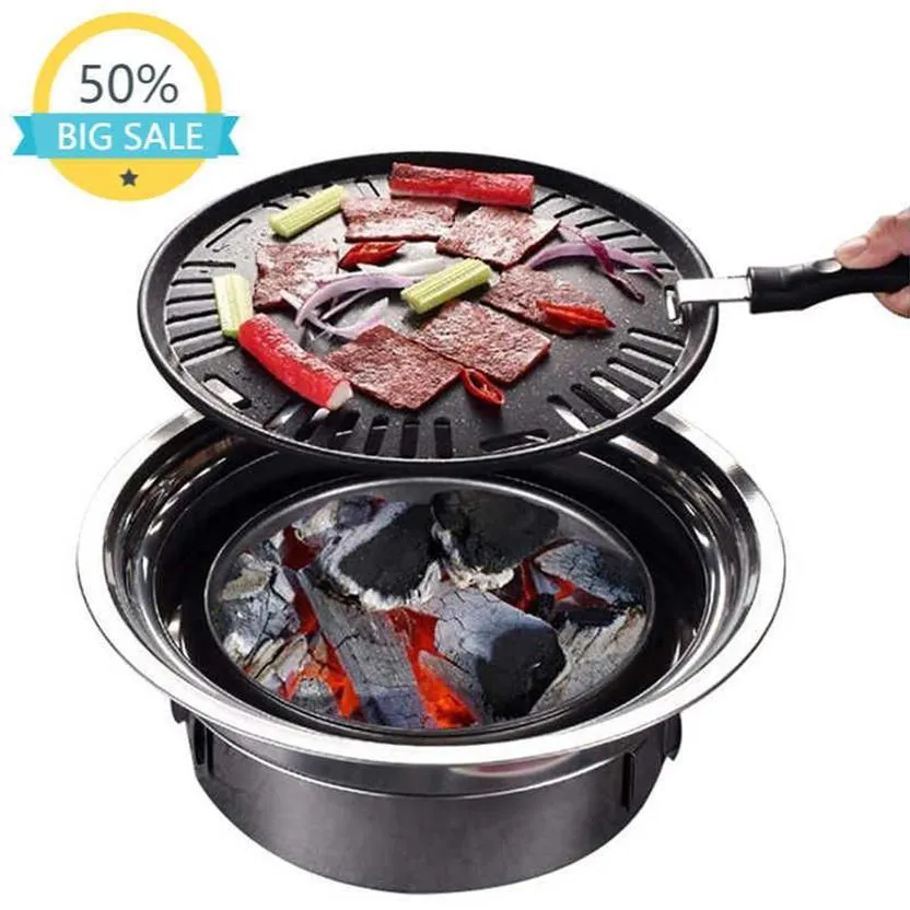 Barbecue à charbon de bois Portable, poêle de Camping rond coréen en carbone pour l'extérieur et l'intérieur et pique-nique 210724271I