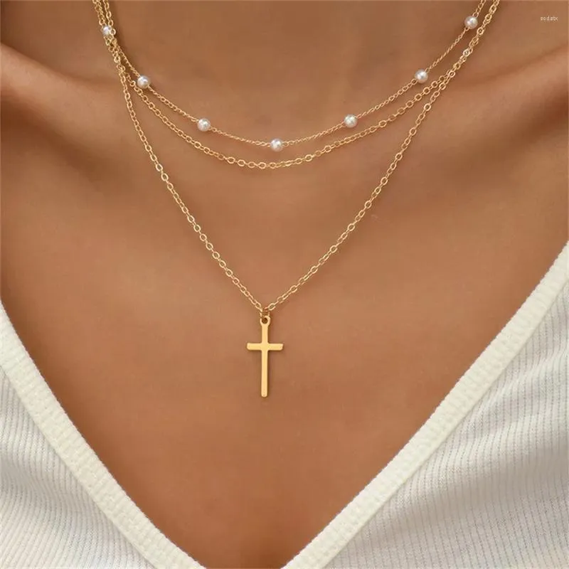 Pendant Necklaces Fashion Gold Color Multilevel Artificial Pearl Chain Necklace For Women Female Vintage Boho Punk Cross Sequin Jewelry