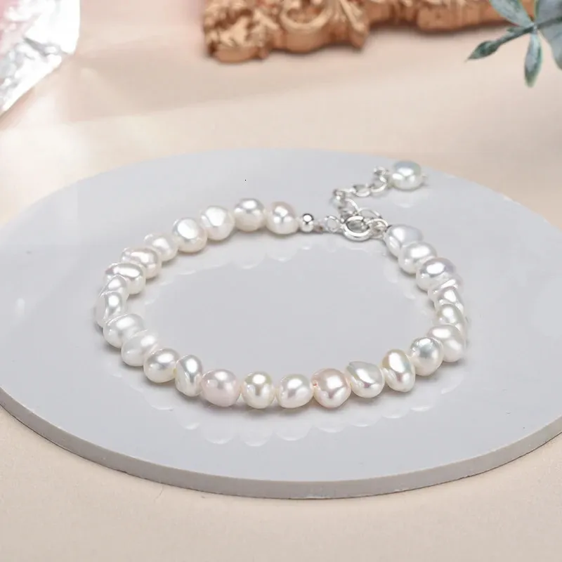 Chain 56mm White Stretch Cultured Freshwater Baroque Pearl Bracelet for Women Gift Wife Girls Mother 925 Sterling Silver Bracelets 231204