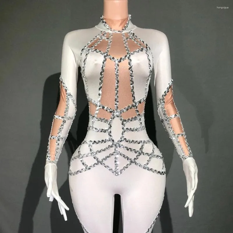 Womens Silver Sequin Stretch White Jumpsuit with Gloves for
