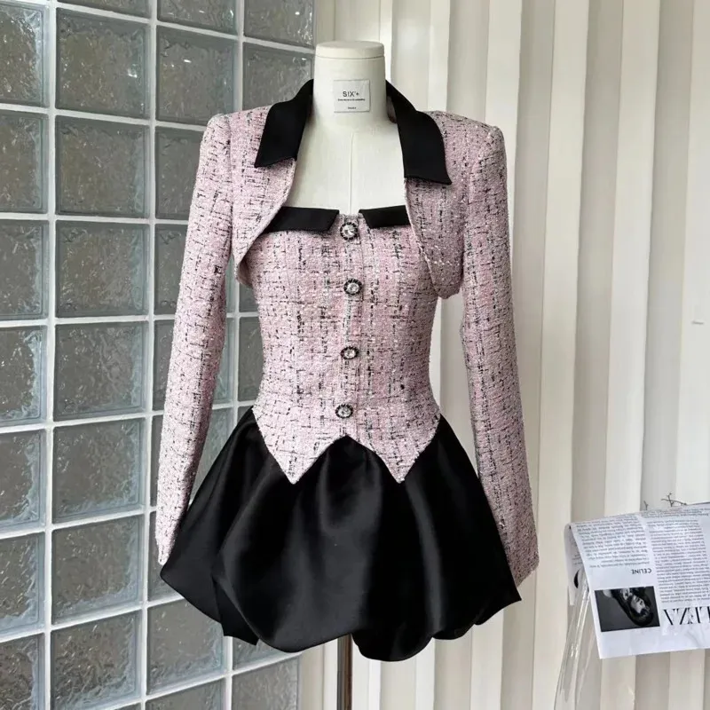 Dwuczęściowa sukienka moda mała zapach Tweed dwuczęściowy zestaw jesienny zima krótka kurtka sukienka garnitury Koreańskie słodkie 2 -częściowe zestawy damskie 231205