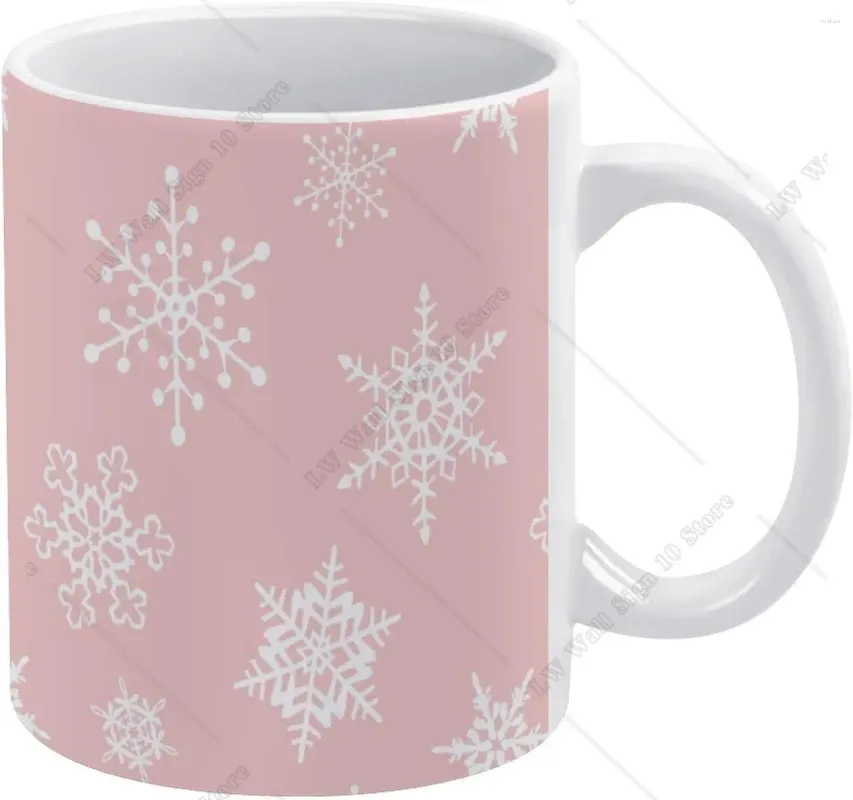 Mugs Pink White Snowflakes Mug Christmas Winter Coffee Ceramic Drinking Cup With Handle 11oz For Office Home Gift