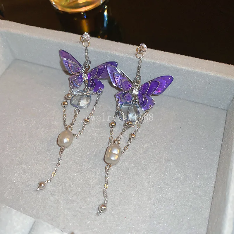 韓国の紫色の蝶淡水真珠タッセルイヤリング