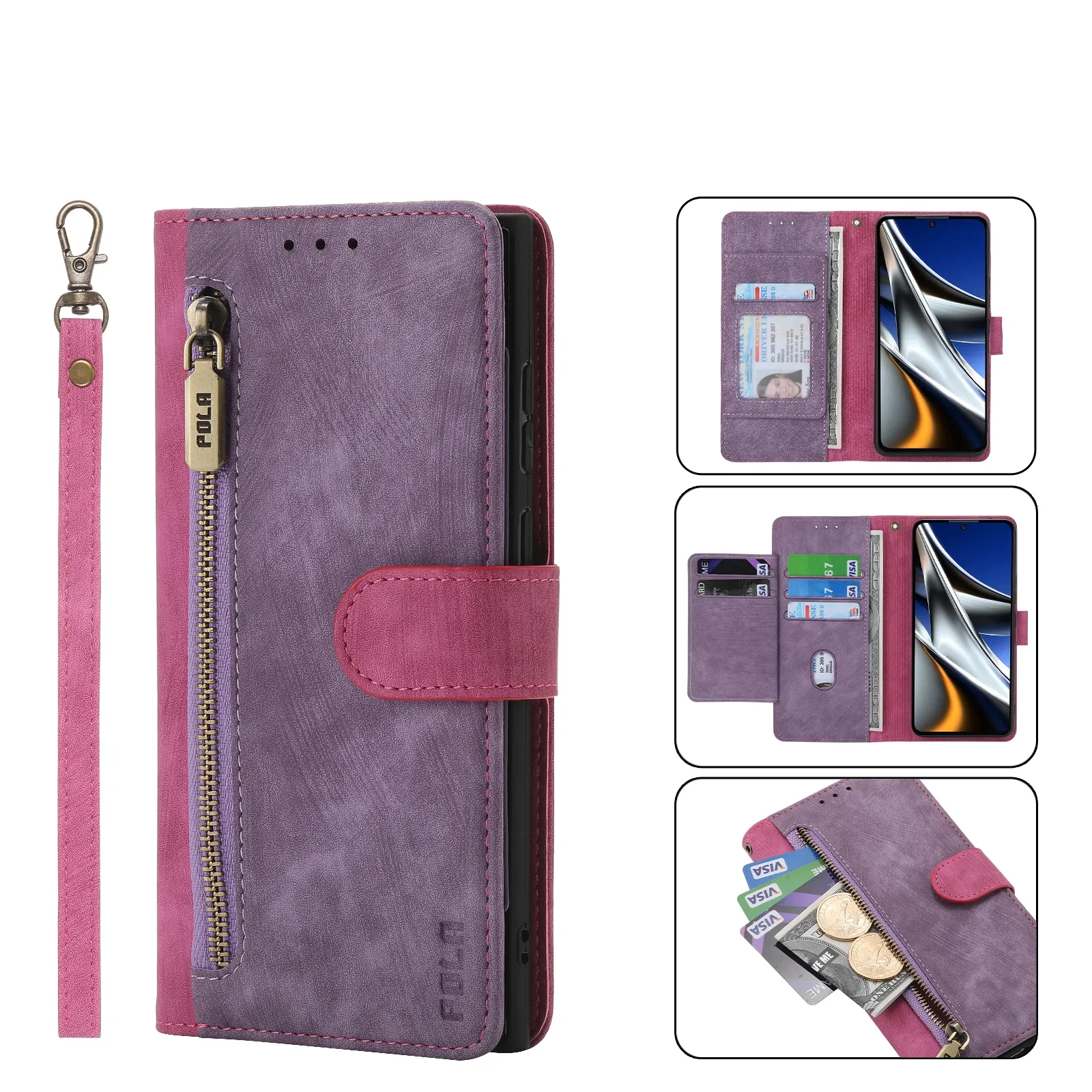 Zipper Leather Wallet Magnetic Case For Xiaomi Redmi Note 12 Pro Plus 11 A2 13 12T 11T POCO X5 Pro F5 Cards Slot Pocket Flip Leather Cover with Wrist Strap