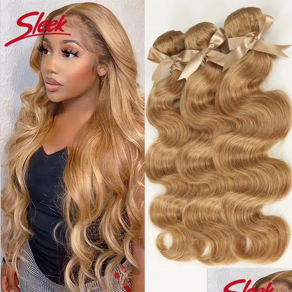 Spitze Perücken Sleek Honey Blonde 27 Farbiges Haar Brasilianische Körperwelle Natürliche Remy Bundles 8 bis 26 Zoll Verkauft von 1 3 4 230301 Drop Deliv Dh0Tb