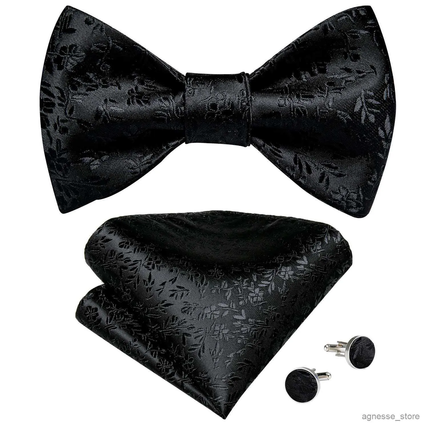 Boutons de manchette Noir Floral Solide Cravate Noeud Papillon Hommes Mode Papillon Soie Formelle D'affaires De Mariage Noeud Papillon Mouchoir Ensemble DiBanGu R231205