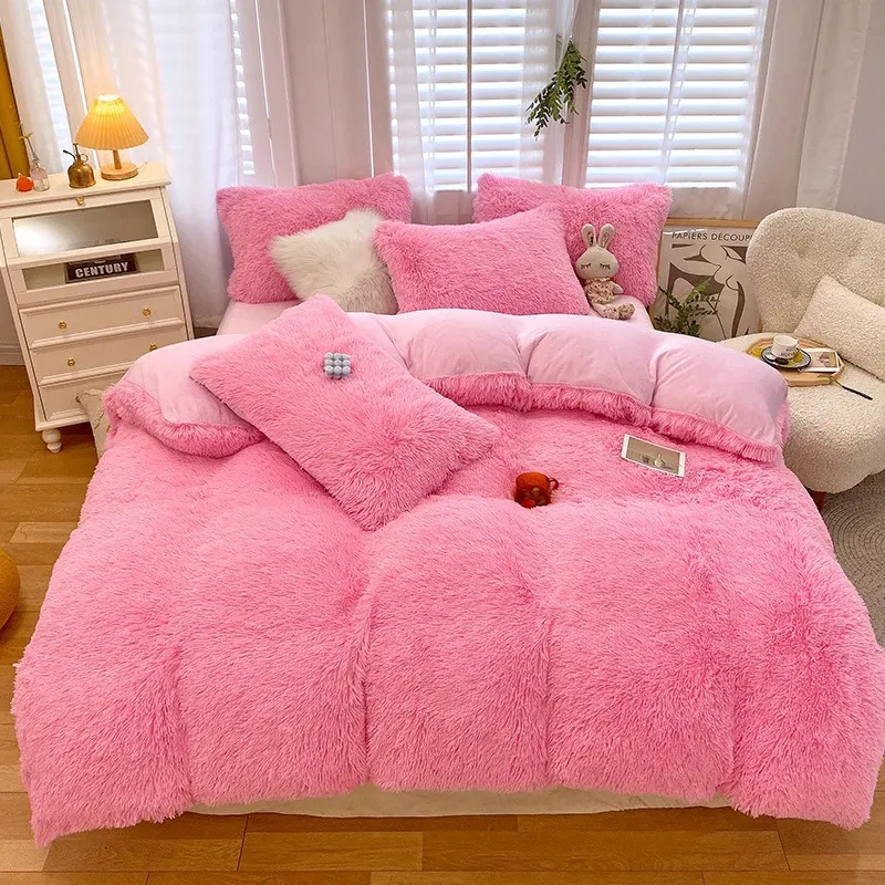 Conjuntos de cama Inverno Quente Plush Duvet Capa Rosa Romântico Princesa Mink Veludo Fofo Flanela Quilt Luxo Set King Size 231204