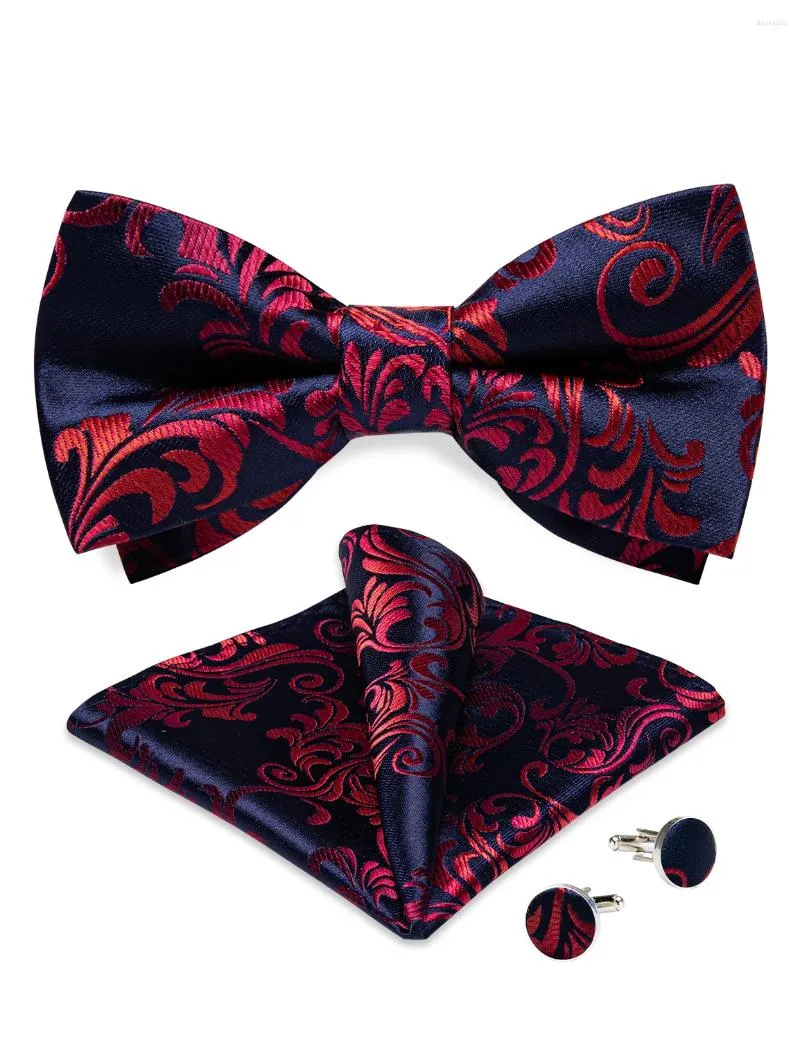 Bow Ties Pre-bundna Navy Blue Printed Red Floral Bowtie Pocket Square Cufflinks Set Fashion Men's Business Tie Farterfly Knot Shirt Dec