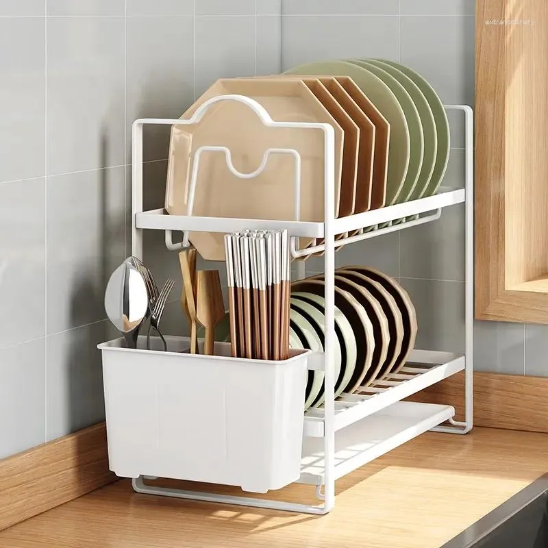 Kitchen Storage Drain Cupboard Narrow Shelving Household Countertop Dish Small Table And Chopsticks Stand Double Layer Rack