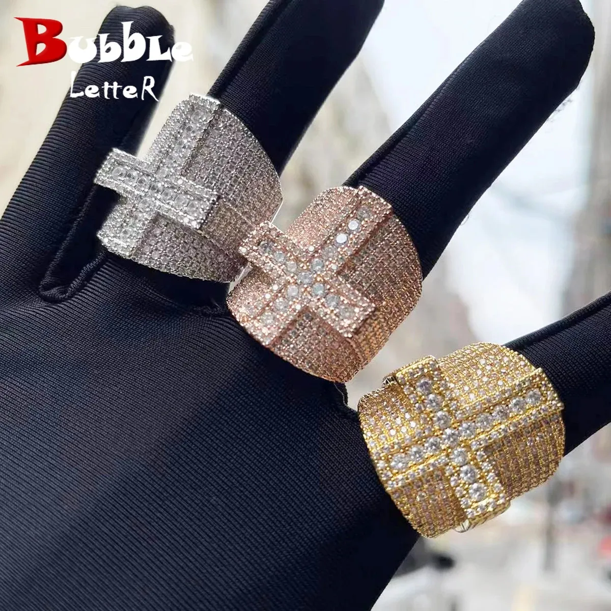 Pierścionki ślubne Bubble Letter Cross Cross For Men Out Out Real Gold Pleated Bling Fashion Rapper Hip Hop Biżuteria Sprzedaż 231204