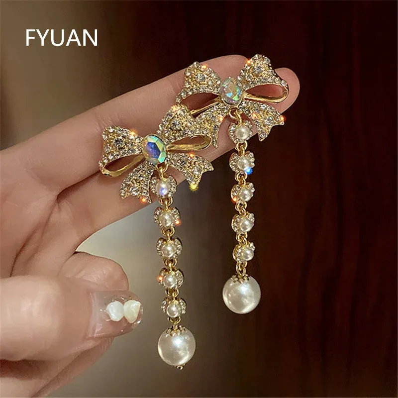 Charm Fyuan Korean Style Bowknot dingle örhängen för kvinnor Long Tassel Pearl Weddings Party Jewelry 231205