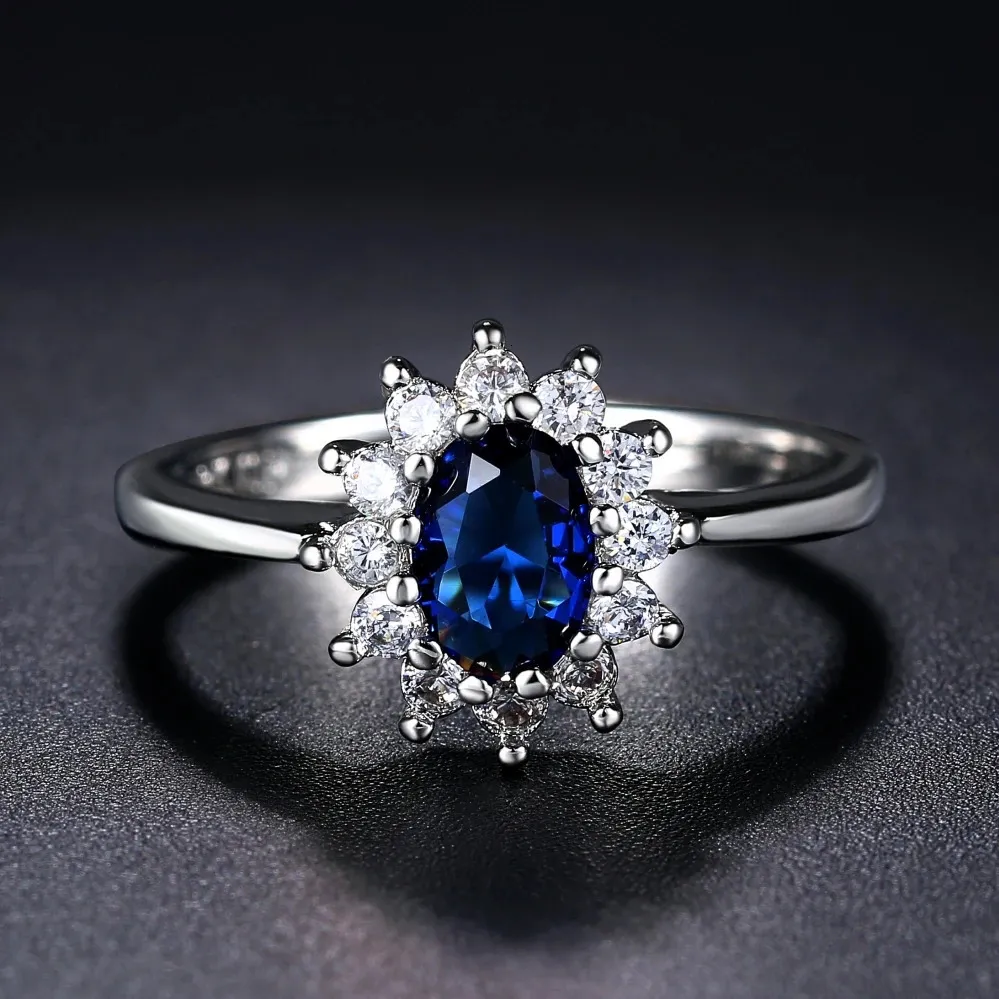 Bröllopsringar Lady Princess Diana för kvinnor Brud Blue Crystal Engagement Promise äktenskapsring för kvinnliga modesmycken 076 231205