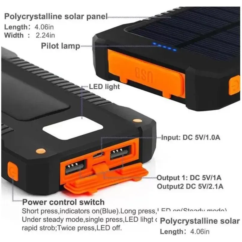 20000mah solar power bank  with led flashlight compass camping lamp double head battery panel waterproof outdoor charging cell