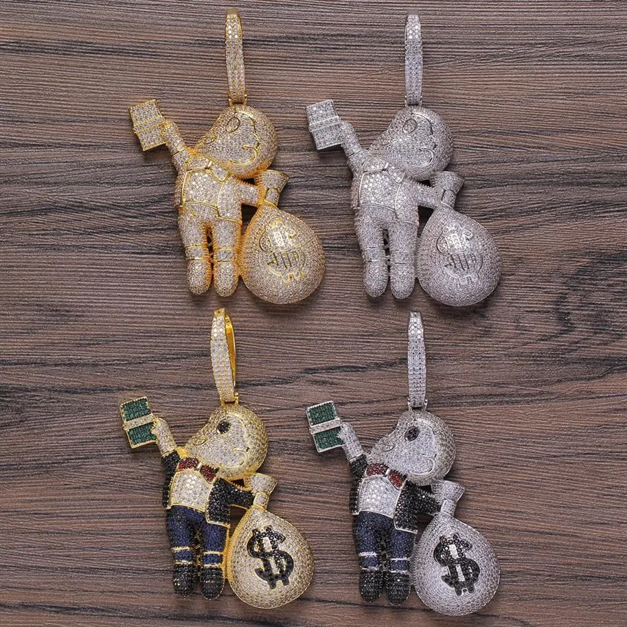 Petite taille de haute qualité en laiton CZ pierres dessin animé hommes sac d'argent collier hip hop pendentif bijoux Bling Bling glacé CN199 Y1220212s