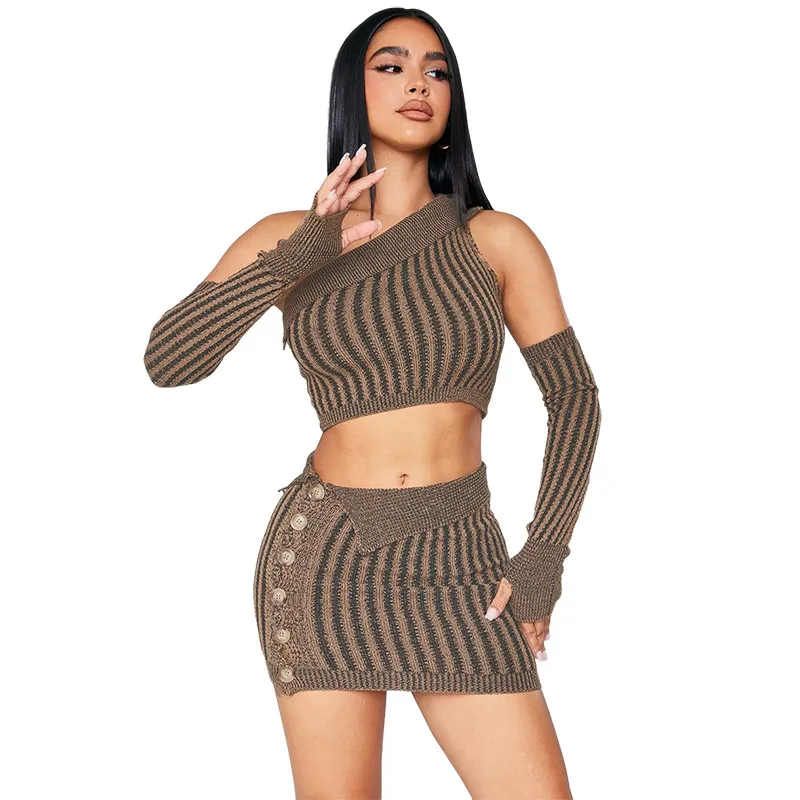 Designer Knitting Dress Sets WomenTwo Piece Set Sexy Inclined Shoulder Crop Top and Bodycon Mini Skirt Knitted 2pcs Dress Suits Bulk Wholesale Clothing 10394