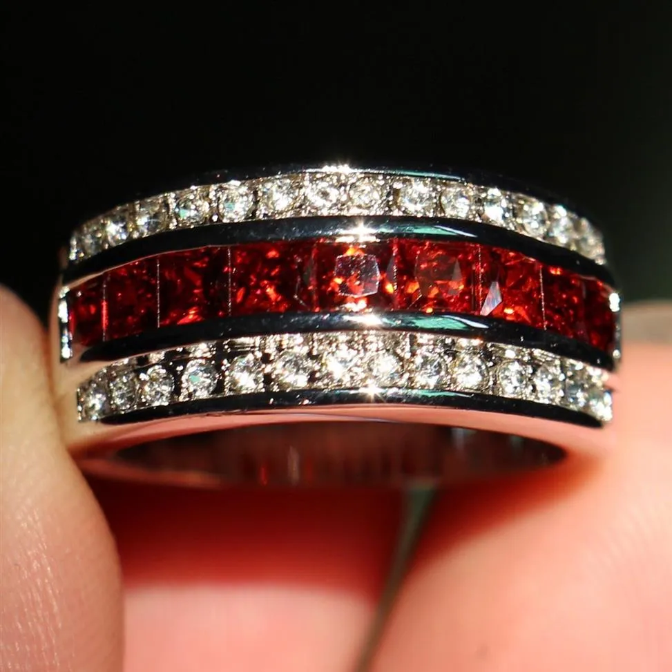 Garnet CZ Wedding Band Ring Mens 10KT White Gold Fill Sizes 8 12