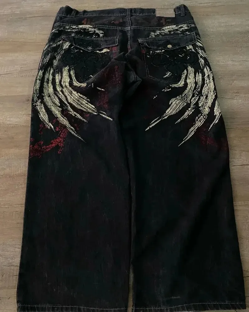 Herrenjeans Hip Hop Skelett Handdruck Vintage übergroßes Muster vielseitige Jeans für Männer Y2K Baggy Ästhetik Mode lässig weite Beinhose 231204