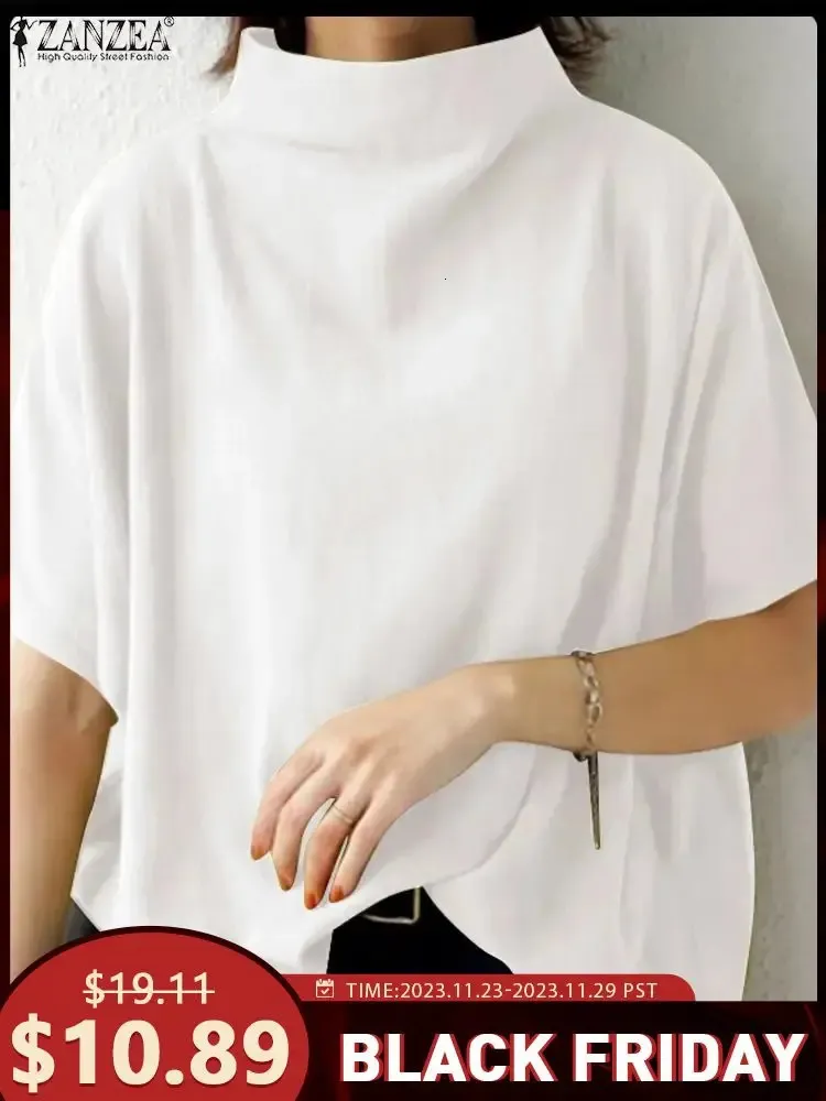 Koszule bluzki damskiej Zanzea przyczynowa czysta bawełniana bluzka Summer Women Solid Turtleeck krótki rękaw