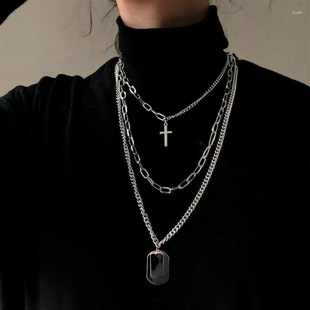 Pendant Necklaces Trendy Metal Cross Women Necklace Sliver Punk Multi-layer Jewelry Personality Cool Chain Gifts235T