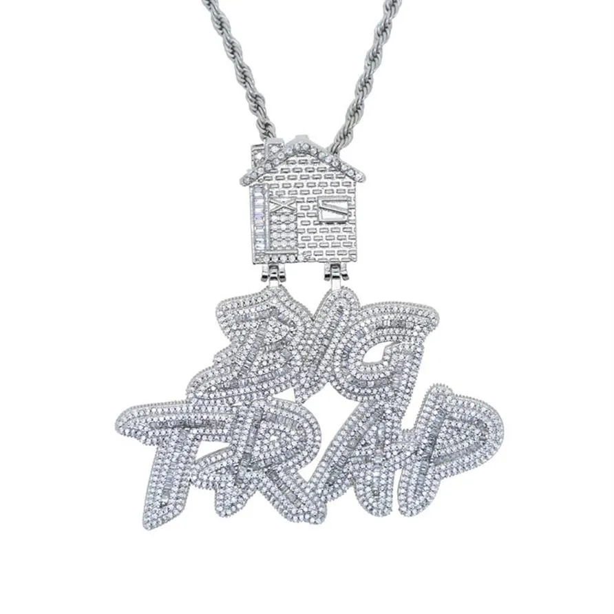 Grand piège avec lettres glacées, pendentif de maison, pavé de zircon cubique complet, chaîne cubaine, collier hip hop, bijoux entier231A