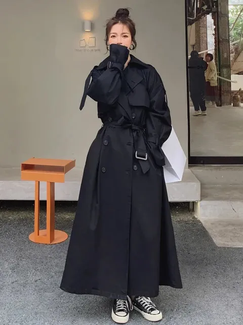 Womens Grey Trench Coat, Korean Style Loose Oversized X-Long