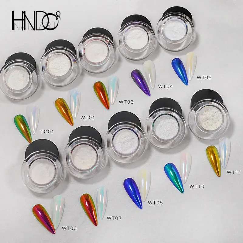 Pós acrílicos líquidos HNDO 10 cores Aurora Magic Mirror Powder Nail Glitter Chrome Pigment Dust Effect para Nail Art Decor Manicure Design 231204