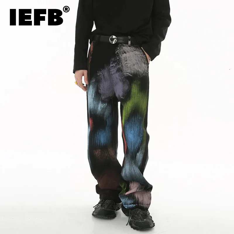 Mens Jeans IEFB Calças Coloridas Baggy Moda Graffiti Halo Tingido Streetwear Perna Reta Casual Calças Jeans 9C1690 231204