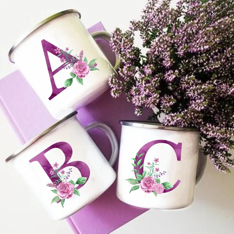 Bouteilles d'eau Violet Lettre Imprimer Tasses Creative Café Vin Tasses Boissons Lait Tasse Vintage Émail Poignée Drinkware Mariage Demoiselle D'honneur Cadeaux 231205