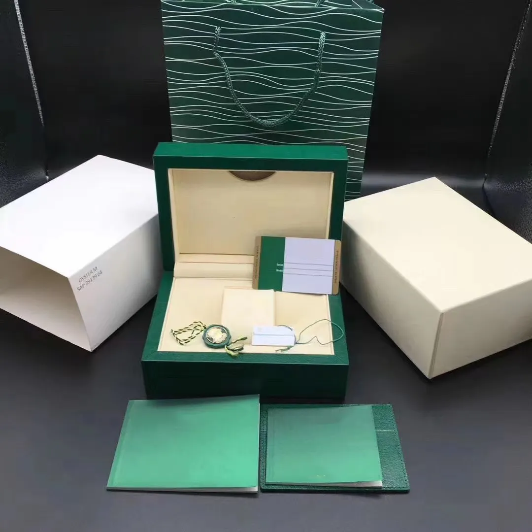 Uhrenboxen, grüne Holzkiste, Markenverpackung, Aufbewahrungsvitrinen mit Logo, Arbeit und Zertifikat für Rolex Boxs 116600 Uhrenboxen