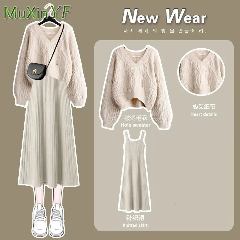 Tweedelige jurk dames herfst wintermode V-hals trui gebreide jurk Tweedelige Koreaanse elegante top rok bijpassende set vrouwelijk pak 231205