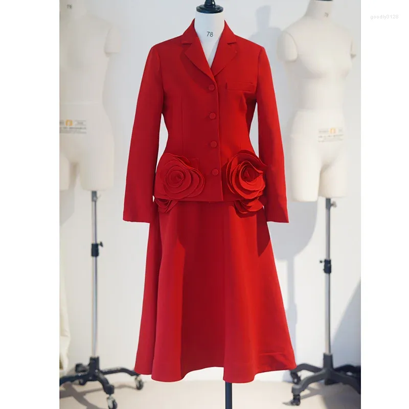 Robes de travail de haute qualité en trois dimensions rose rouge soie laine ensemble femmes vêtements élégant à manches longues poche blazer fin a-ligne jupe