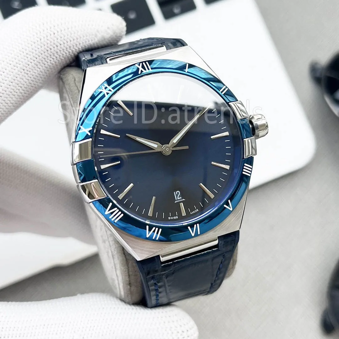 Topp mode automatiska mekaniska självlindande klockor Guld Silver Dial Sapphire Glass 41mm Classic Design Wristwatch Casual Gentlemen Leather Strap Clock 9014