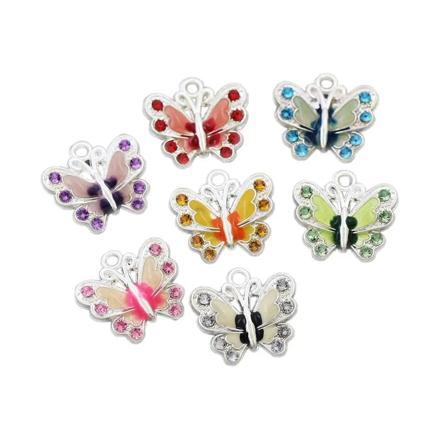 Argent Plaqué Émail Papillon Strass Cristal Charme Perles 7 Couleurs Pendentifs Bijoux Résultats Composants L1559 56 pcs lot259V