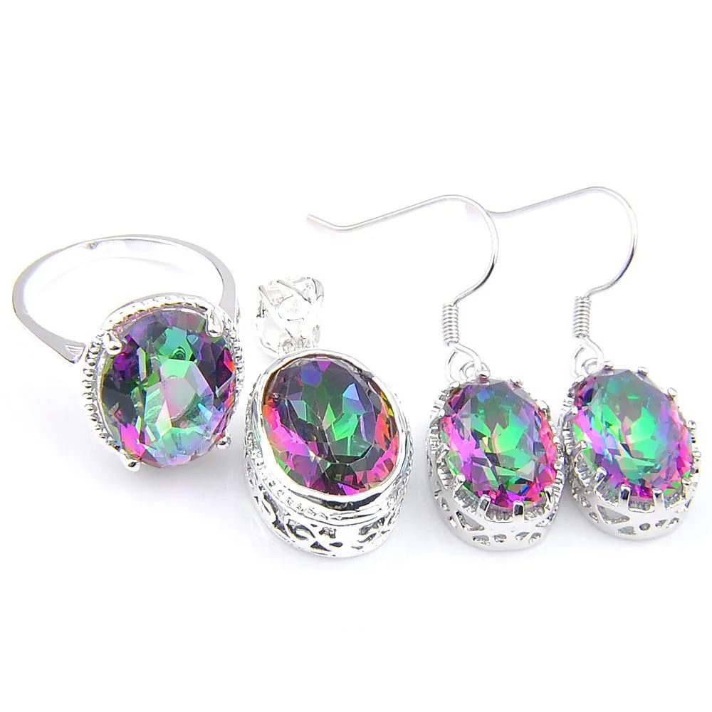 Earrings & Necklace Luckyshine Vintage Oval Fire Rainbow Cubic Zirconia Gems 925 Sier Pendants Ring Earring Wedding Engagement Jewelry Dhpbu