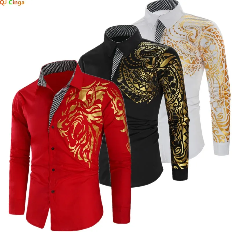 Camisas informales para hombres Camisa de marca para hombres Camisa de manga larga de alta calidad dorada de lujo para hombres Vestido de negocios blanco y negro para hombres Camisas con estampado social para baile de graduación 231205