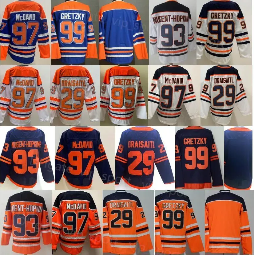 Hockey Hommes Hockey sur glace Reverse Retro 97 Connor McDavid Jersey 29 Leon Draisaitl 93 Ryan Nugent-Hopkins 99 Wayne Gretzky Vintage Bleu Marine Whi