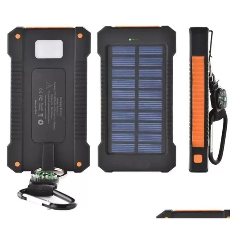 20000mah solar power bank  with led flashlight compass camping lamp double head battery panel waterproof outdoor charging cell