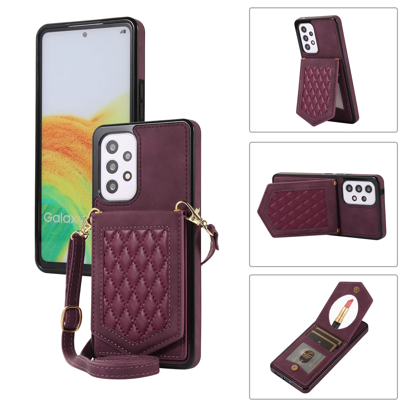 Lanyard wallet mirror leather phone case For Samsung A12 A13 A04S A04 M13 A51 A52 A53 A54 S20 S21 S22 S23 Ultra Plus 20FE FID Blocking Leather Phone Cover