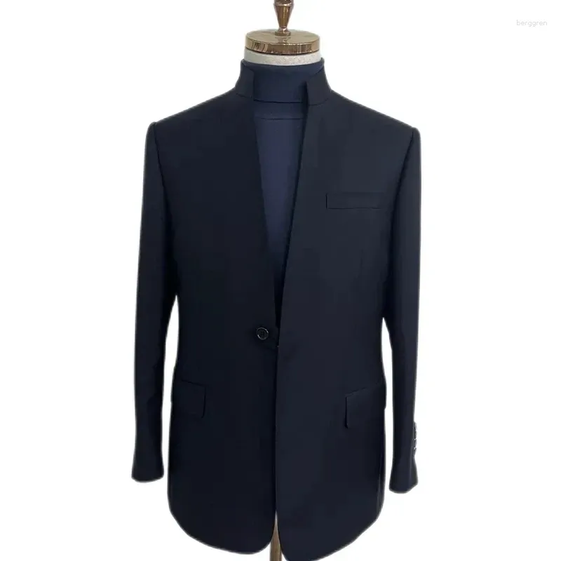 Costumes pour hommes Bleu marine Hommes Costume Ensemble Col montant Blazer Ensembles Mariage Robe de marié formelle Élégant Gentleman 2 pièces Veste Pantalon