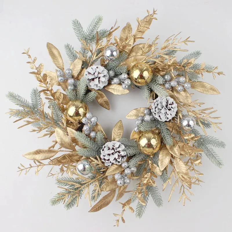 Decorative Flowers Wreaths 2024 Christmas Wreath For Front Door Artificial Golden Flower Garland Pinecone Rattan Set Hanging Outdoor Xmas Decoration 231205