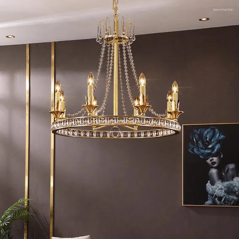 ペンダントランプアメリカンブラスクリスタルラグジュアリーレストランダイニングルーム天井の寝室の家の装飾用光沢ランパラのためのハンギングランプ