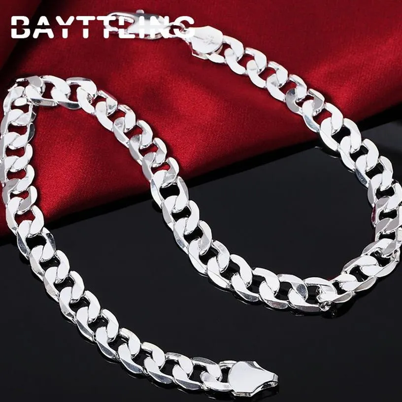 BAYTTLING 925 Silver 18 20 22 24 26 28 30 inches 12MM Flat Full Sideways Cuba Chain Necklace For Women Men Fashion Jewelry Gifts230S