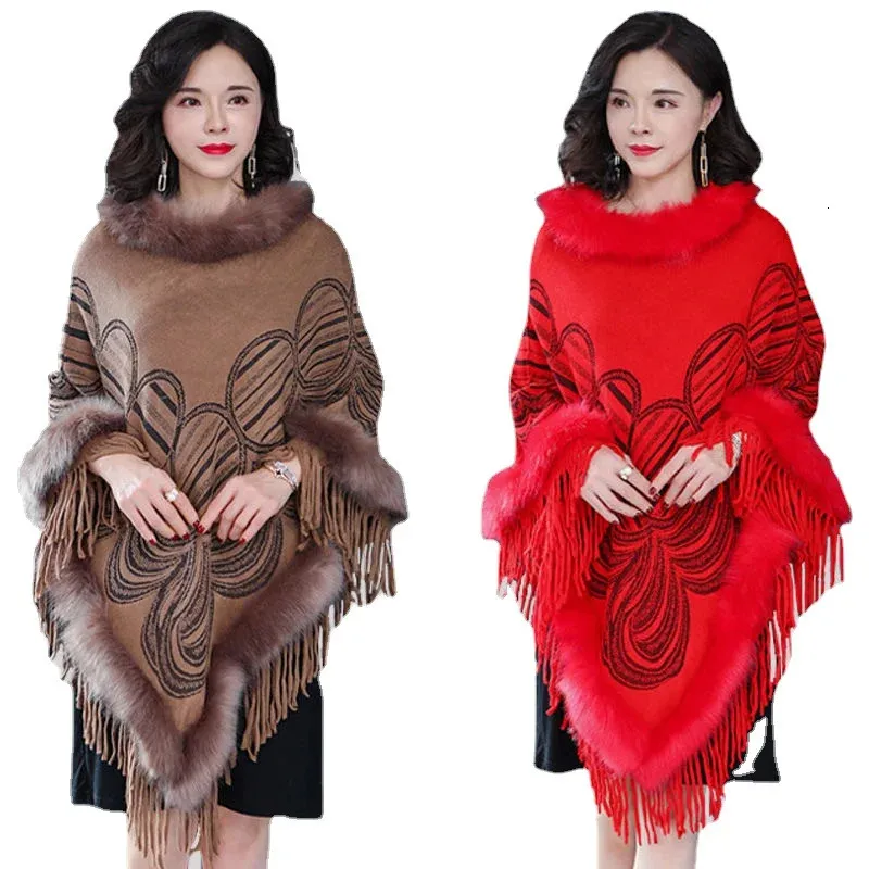 Scarves 2023 Winter Warm fur red Capes cloak Ponchos for Women Oversized Shawls Wraps Cashmere Pashmina Female Tassel Mujer 231204