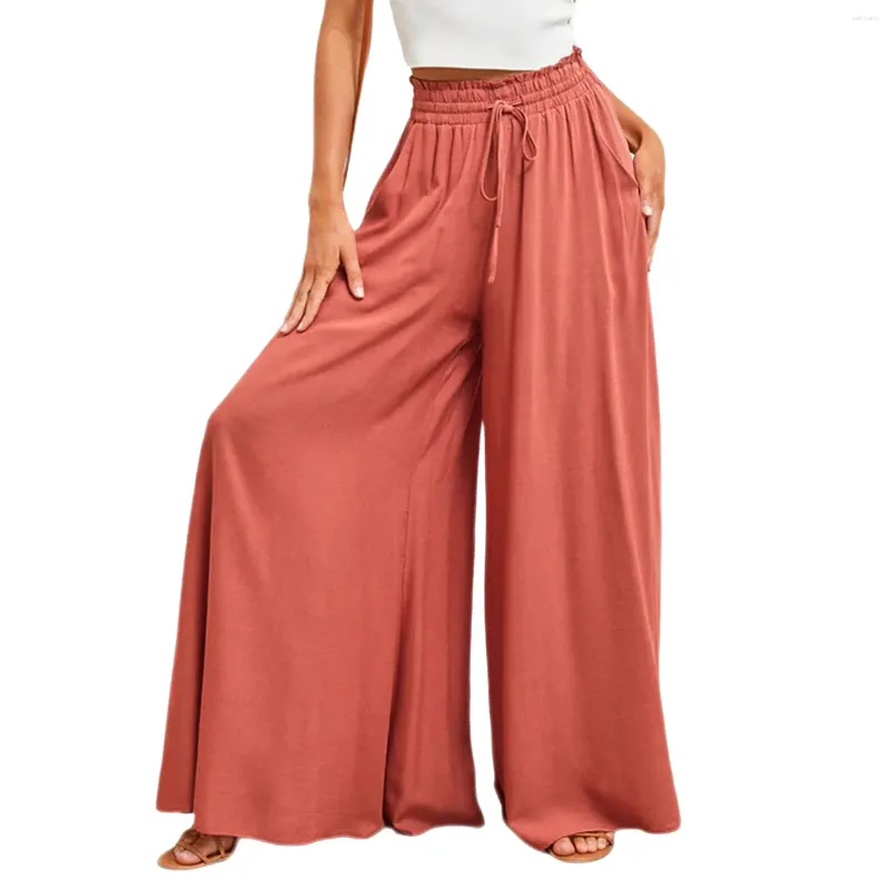 Women's Pants Spring Summer Wide-Leg Chic Solid Wide Full-Length Casual Baggy For Women Flowy Drape Drawstring Waist