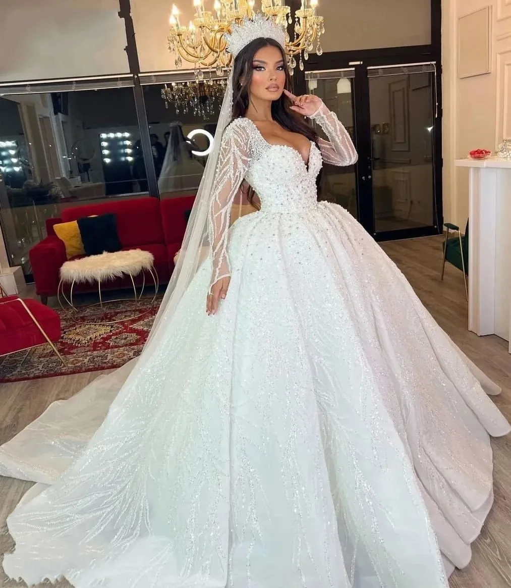 2024 Elegant Princess Wedding Dress Full Sleeves Sweetheart Illusion Long Sleeves Beads Appliqued Lace Women Bridal Gowns New Vestido De Novia