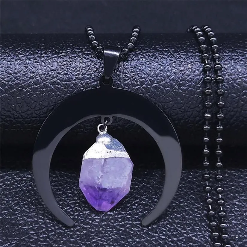 Pingente colares bruxaria adivinhação lua roxo cristal natural colar de aço inoxidável feminino cor preta jóias bijuteria n312v