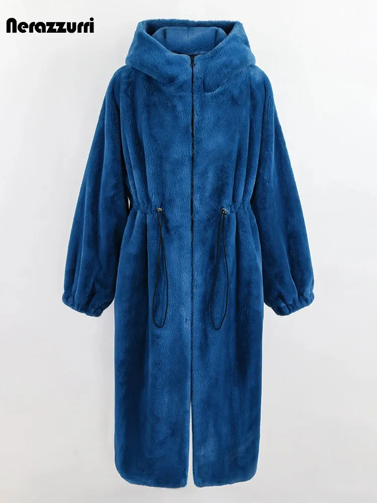 Pelliccia da donna Pelliccia sintetica Nerazzurri Inverno Lungo oversize Spessore Caldo Blu Bianco Nero Cappotto in pelliccia sintetica Donna con cappuccio Zip Up Sciolto Giacca soffice di lusso 231204