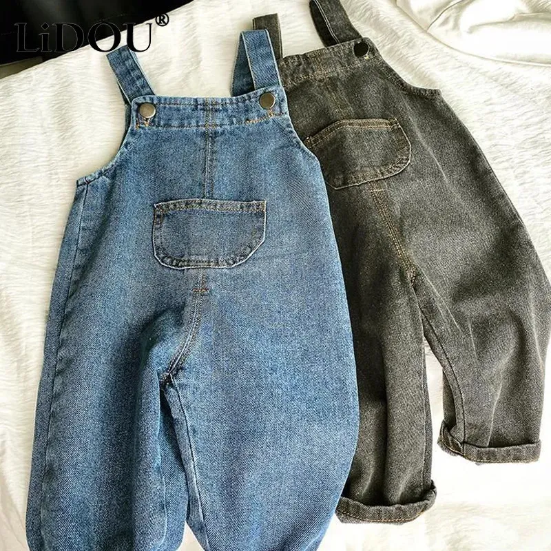 Jumpsuits Korean Fashion Girls Jumpsuit Clothes Solid Denim Suspende Sweet Cute Kawaii Toddler Boys Jeans Pants Children Overalls 231204