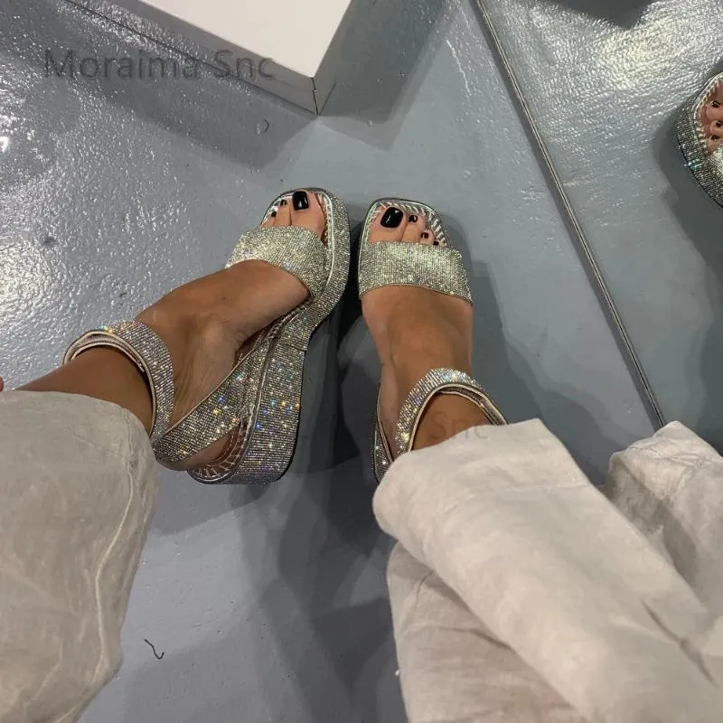 Sandals Silver Crystal Women's Flats Full Of Rhinestone Elegant Straps Bling Sequin Wedge Open Toe Summer Wedding Shoes